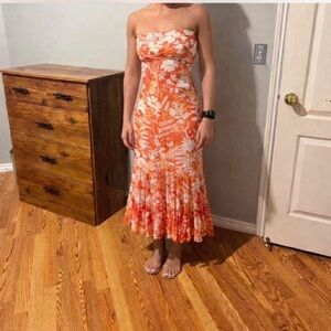 Deletta Orange and White Floral Strapless Ruffled Midi Dress